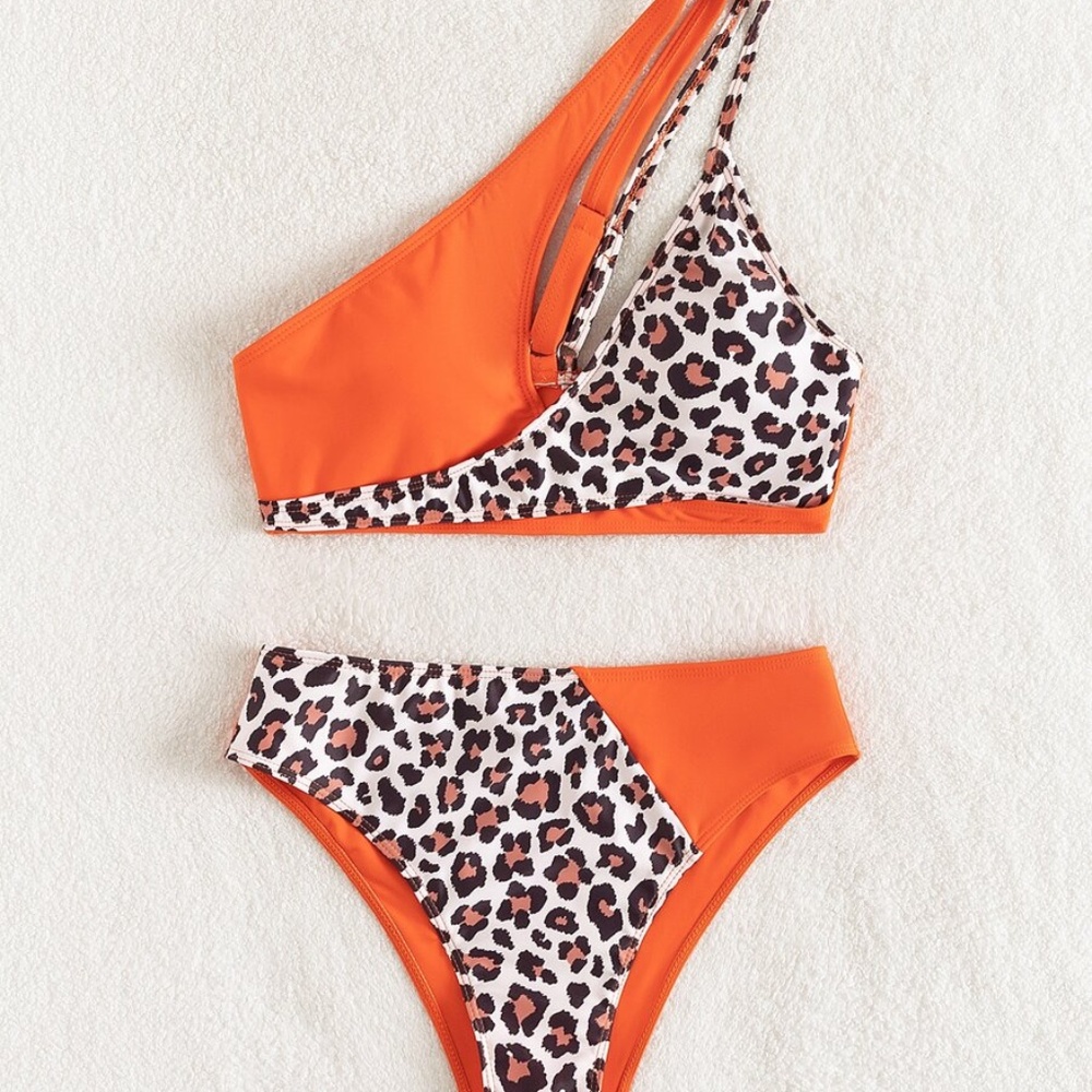 Boho Leopard Print One Shoulder Bikini Beach - Picture 2 of 9